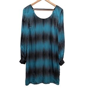 ALICE & TRIXIE 100% Silk Long Sleeve Teal & Black Wavy Stripe Shift Dress